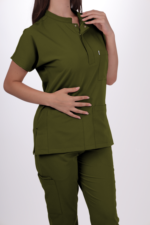 Premium Likralı Snap Seri Kadın Yağ Yeşili Scrubs