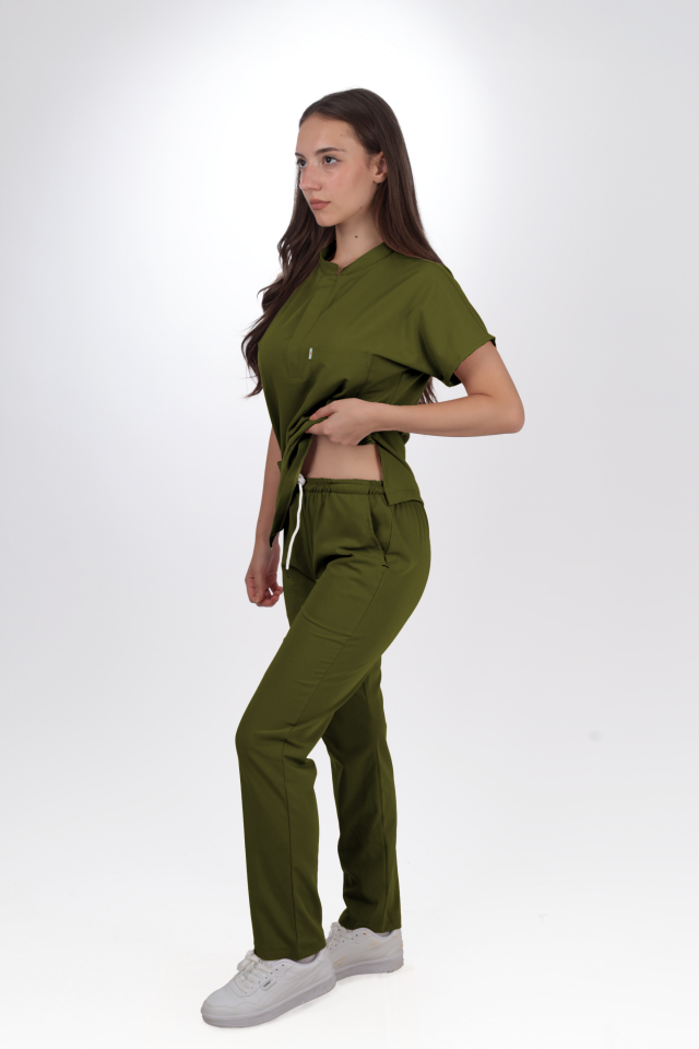 Premium Likralı Snap Seri Kadın Yağ Yeşili Scrubs