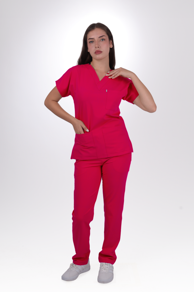 Likralı Klasik Seri Kadın Fuşya Scrubs