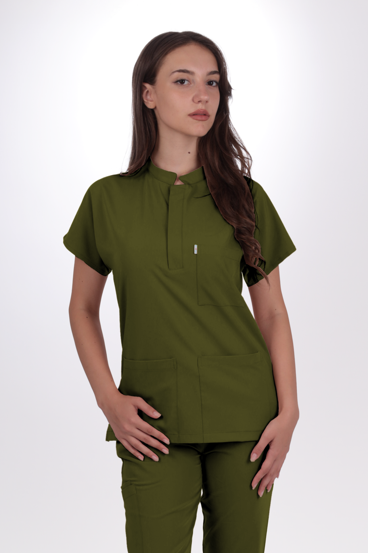 Premium Likralı Snap Seri Kadın Yağ Yeşili Scrubs