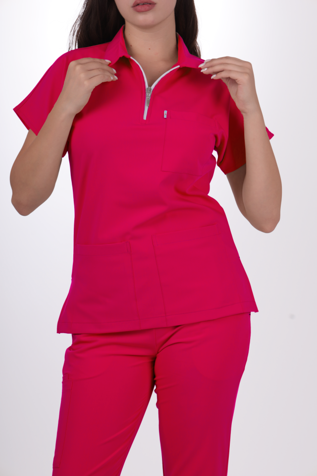 Likralı Zipper Seri Kadın Fuşya Scrubs