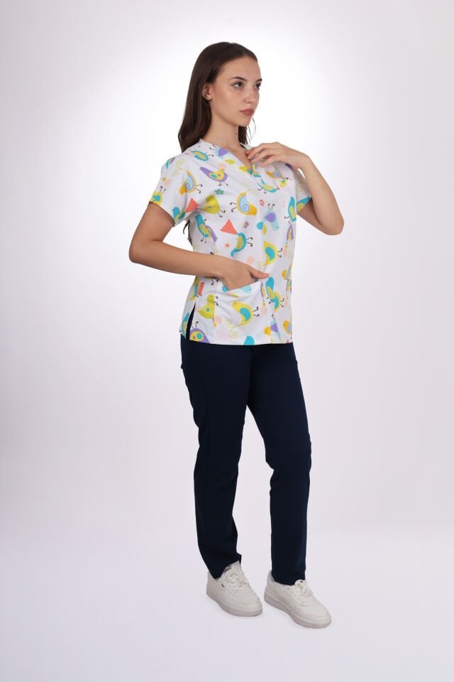 Desenli Seri Kuş Desen Kadın Tek Üst