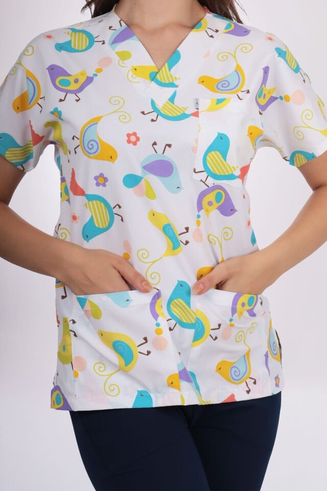 Desenli Seri Kuş Desen Kadın Tek Üst