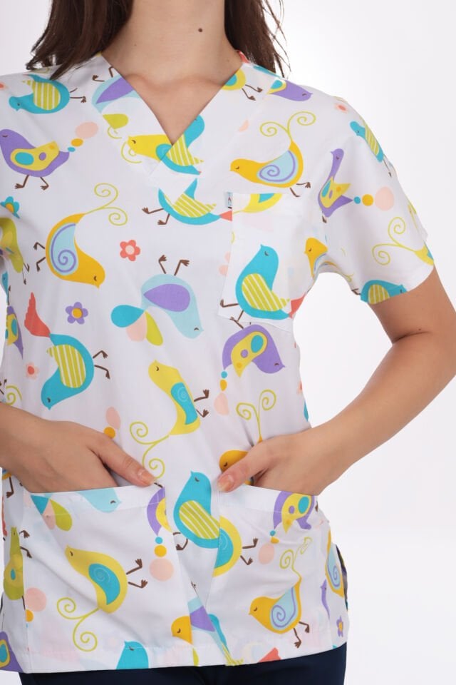 Desenli Seri Kuş Desen Kadın Tek Üst