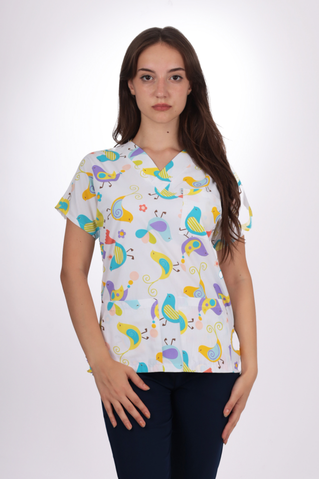 Desenli Seri Kuş Desen Kadın Tek Üst