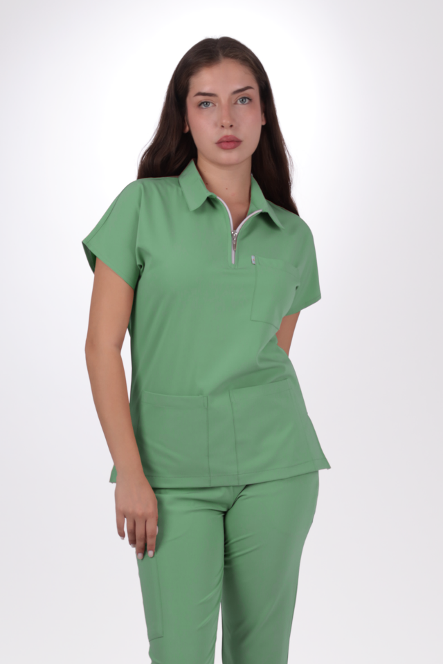 Premium Likralı Zipper Seri Kadın Fıstık Yeşili Scrubs