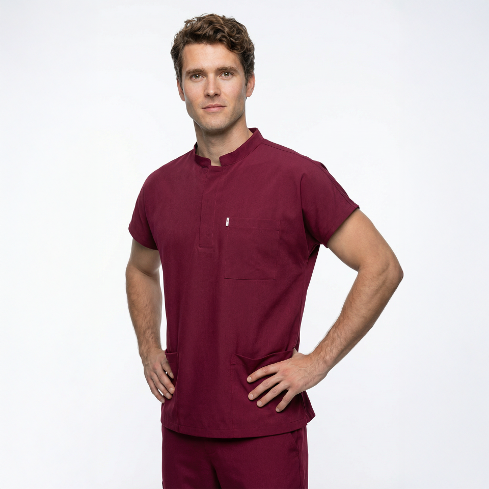 Likralı Snap Seri Erkek Bordo Scrubs