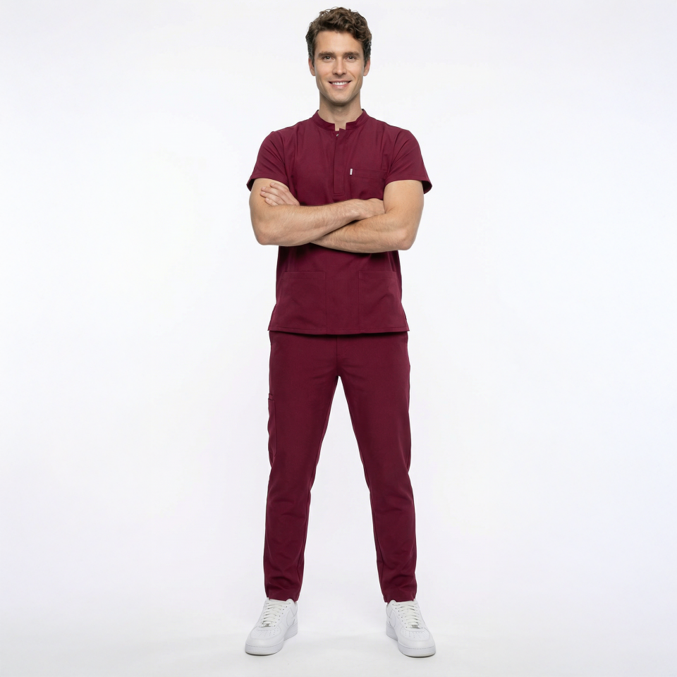 Likralı Snap Seri Erkek Bordo Scrubs