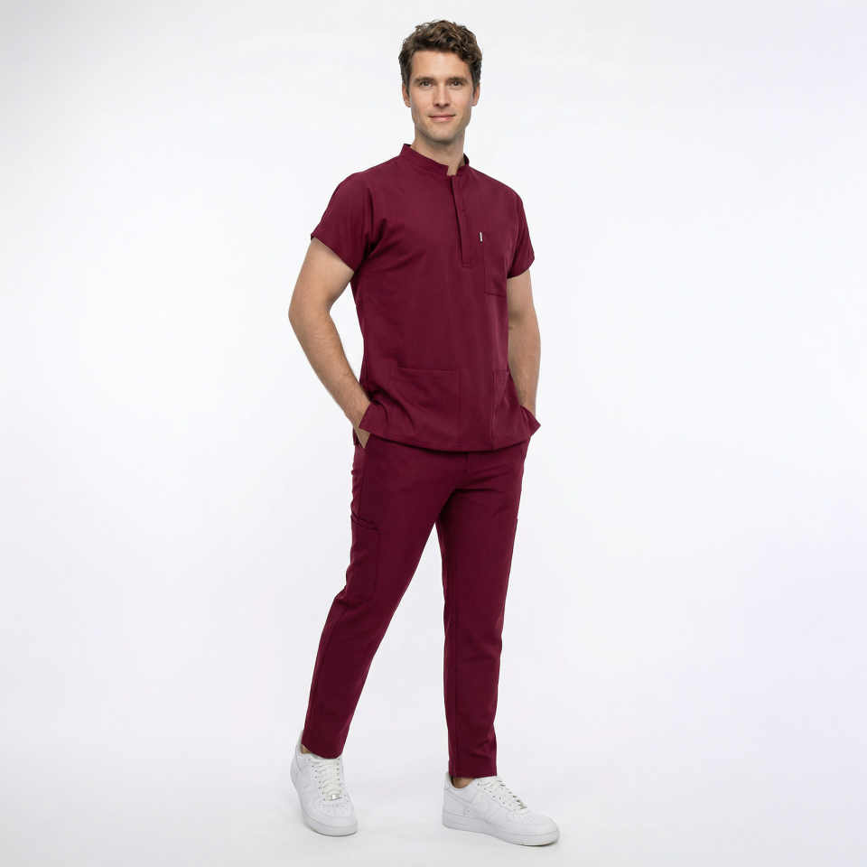 Likralı Snap Seri Erkek Bordo Scrubs