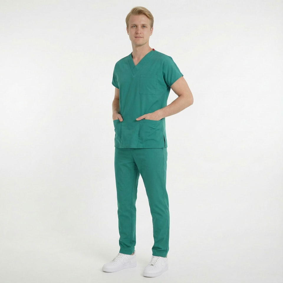 Terycoton Kumaş Klasik Seri Erkek Cerrahi Yeşil Scrubs