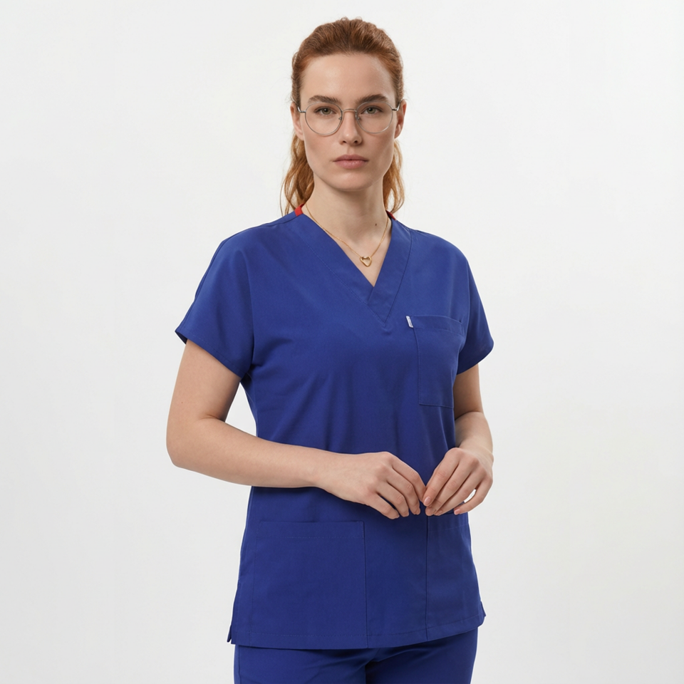 Likralı Klasik Seri Kadın Saks Mavisi Scrubs