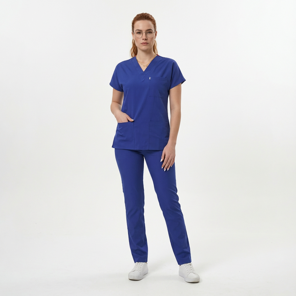 Likralı Klasik Seri Kadın Saks Mavisi Scrubs