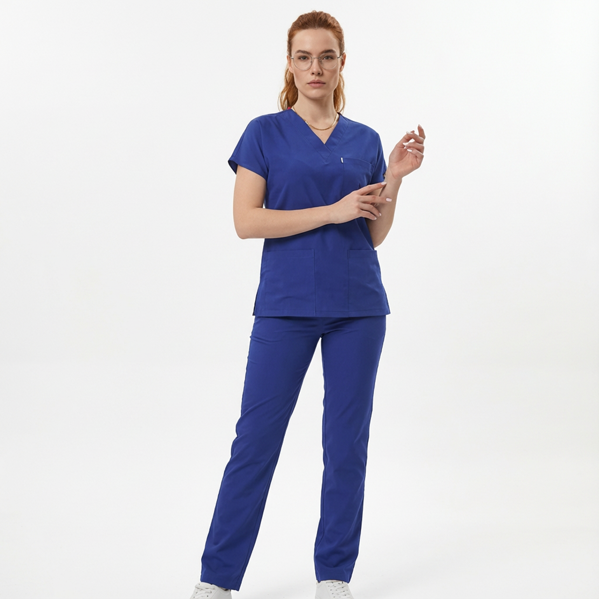 Likralı Klasik Seri Kadın Saks Mavisi Scrubs