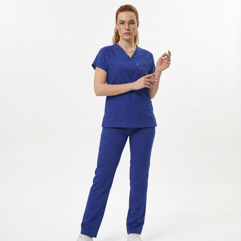 Likralı Klasik Seri Kadın Saks Mavisi Scrubs
