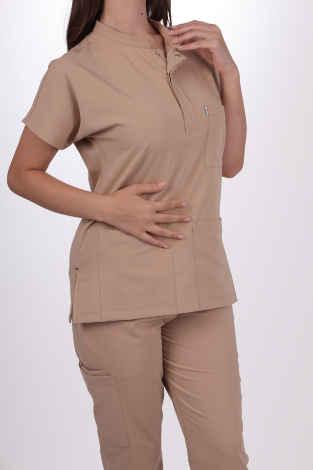 Premium Likralı Snap Seri Kadın Bej Üniforma Takım
