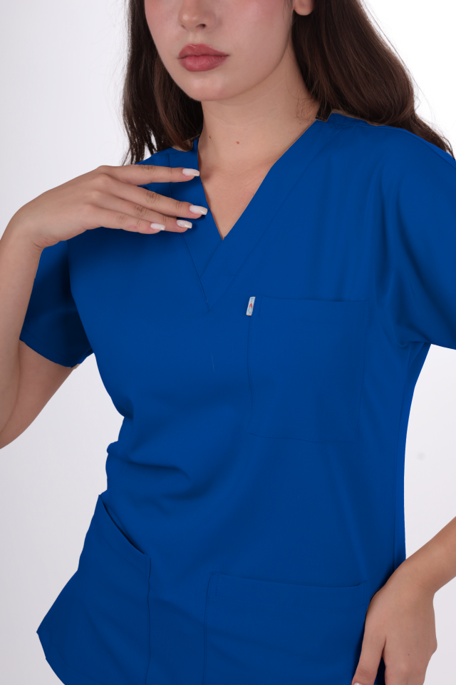 Likralı Klasik Seri Kadın Saks Mavisi Scrubs