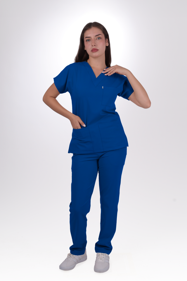 Likralı Klasik Seri Kadın Saks Mavisi Scrubs