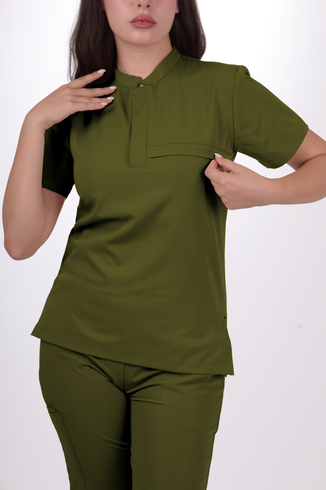 Premium Likralı Lotus Seri Kadın Yağ Yeşili Scrubs