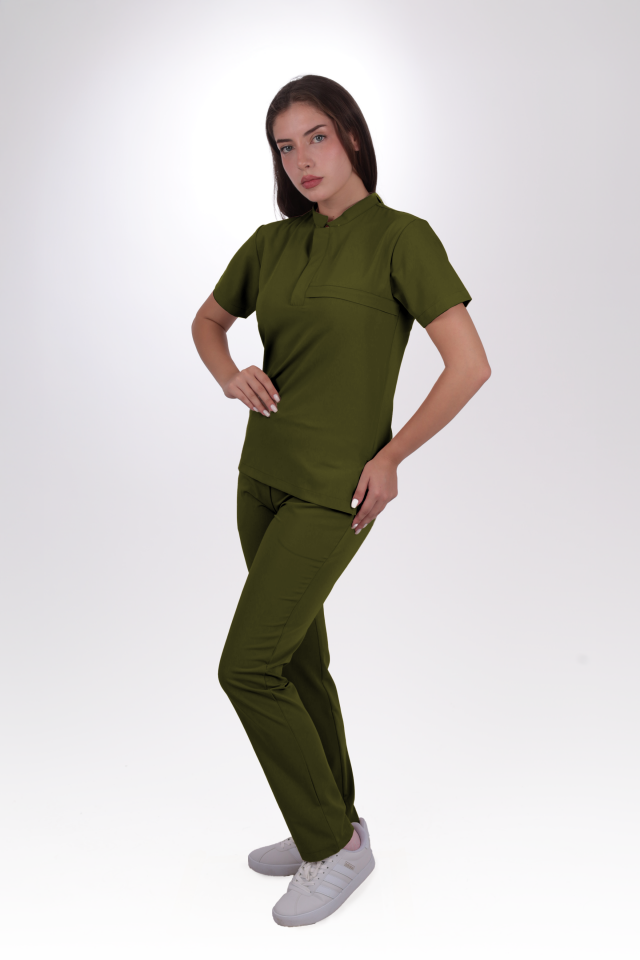 Premium Likralı Lotus Seri Kadın Yağ Yeşili Scrubs