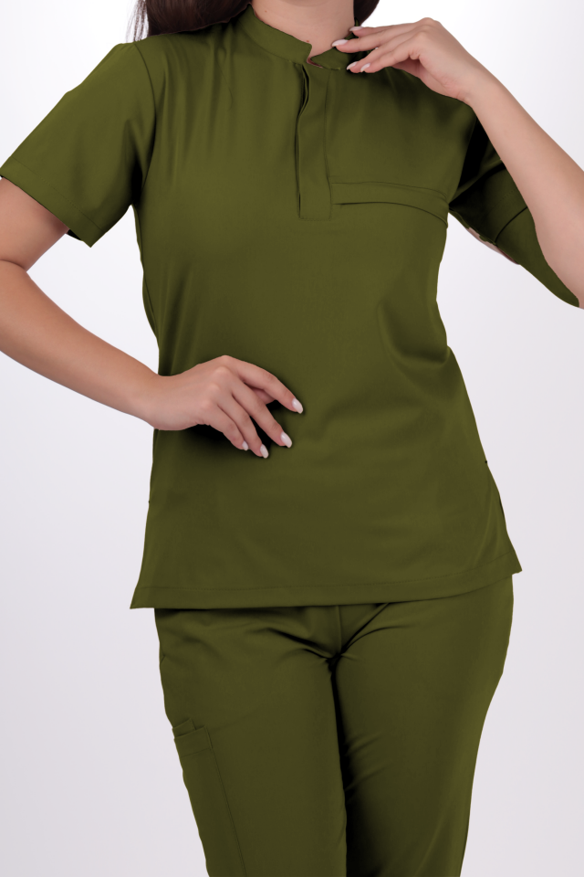 Premium Likralı Lotus Seri Kadın Yağ Yeşili Scrubs