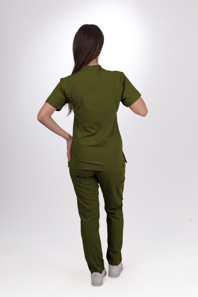 Premium Likralı Lotus Seri Kadın Yağ Yeşili Scrubs