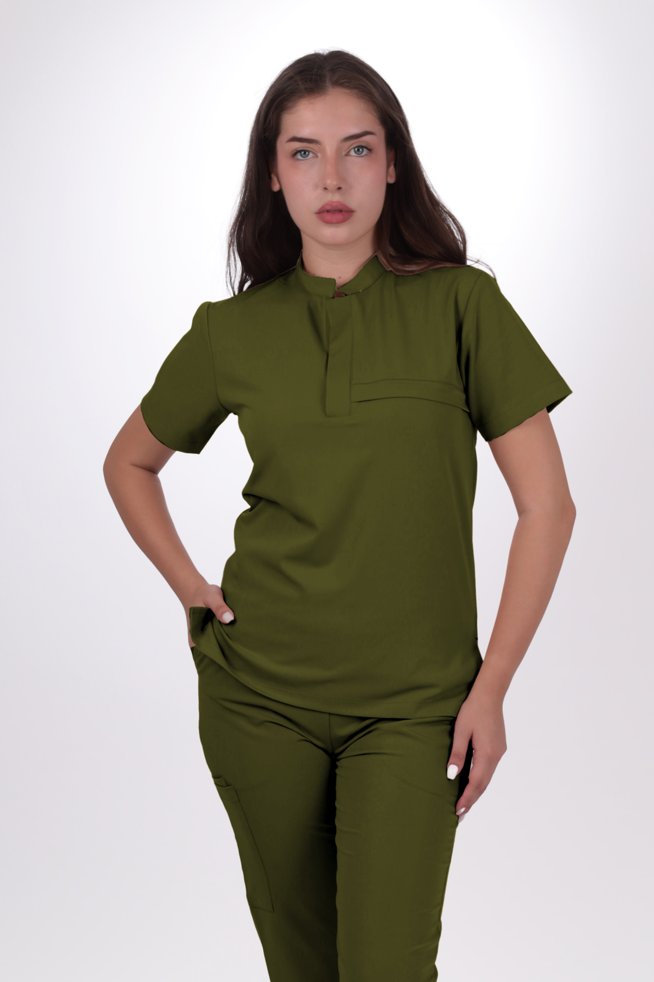 Premium Likralı Lotus Seri Kadın Yağ Yeşili Scrubs