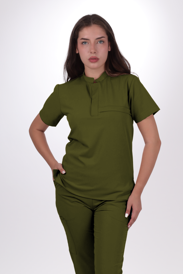 Premium Likralı Lotus Seri Kadın Yağ Yeşili Scrubs