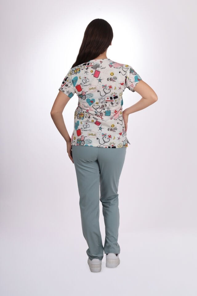 Desenli Seri Beyaz Ambulans Desen Kadın Tek Üst