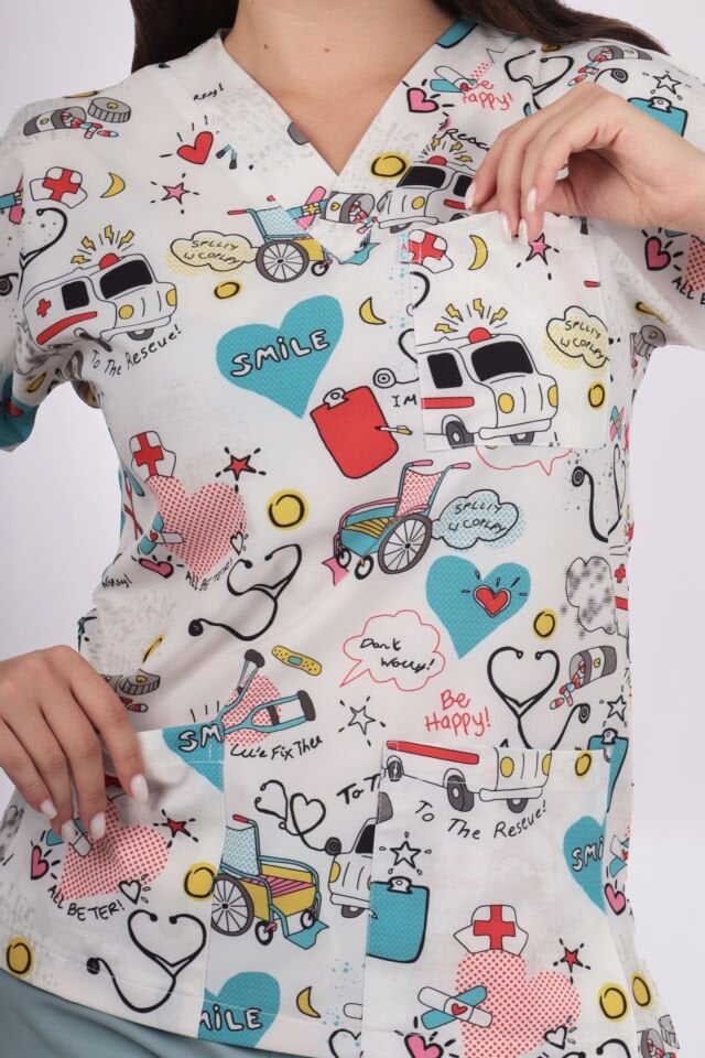 Desenli Seri Beyaz Ambulans Desen Kadın Tek Üst