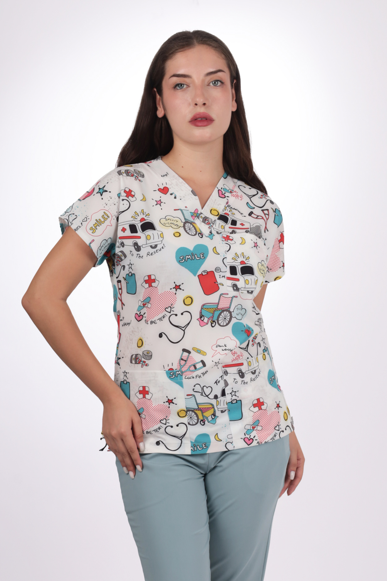 Desenli Seri Beyaz Ambulans Desen Kadın Tek Üst