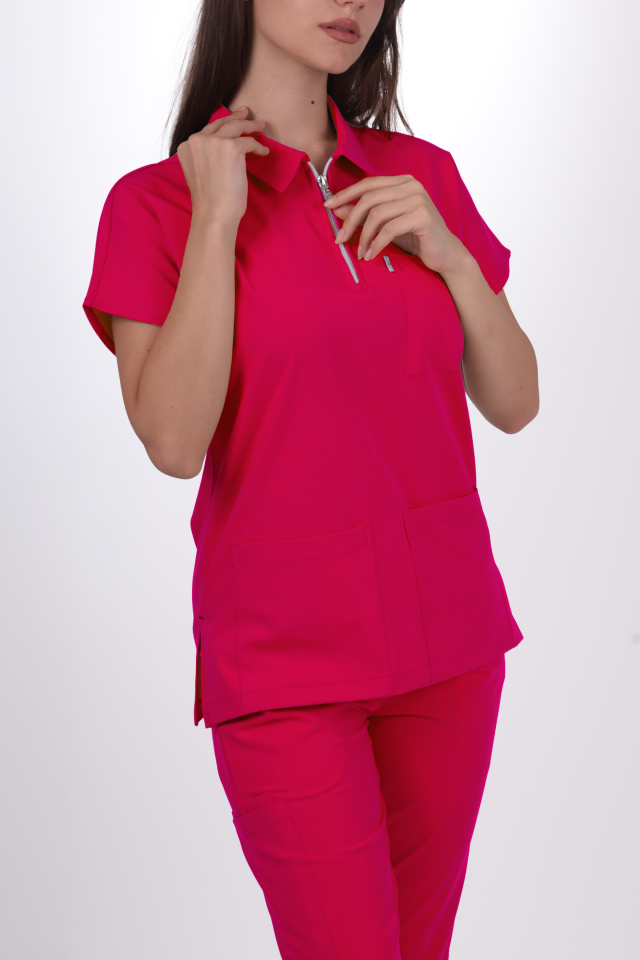 Premium Likralı Zipper Seri Kadın Fuşya Scrubs