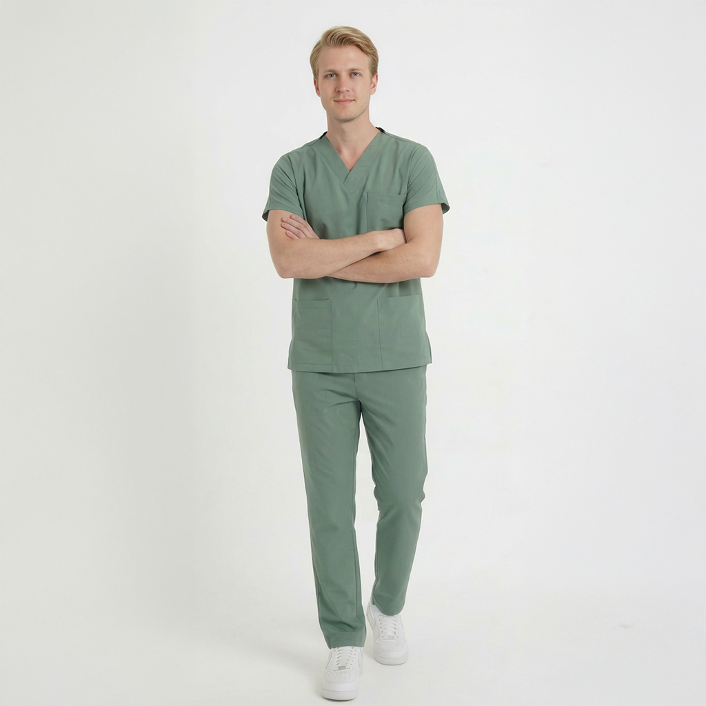 Terycoton Kumaş Klasik Seri Erkek Küf Yeşili Scrubs