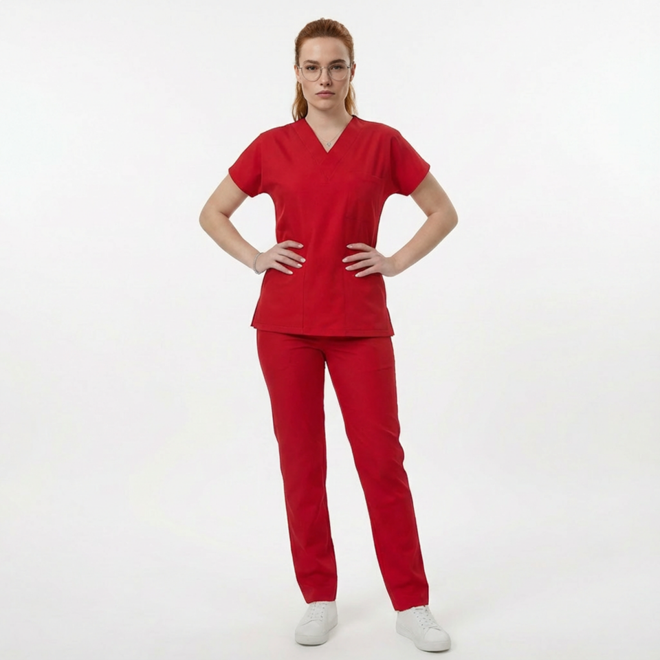 Likralı Klasik Seri Kadın Kırmızı Scrubs