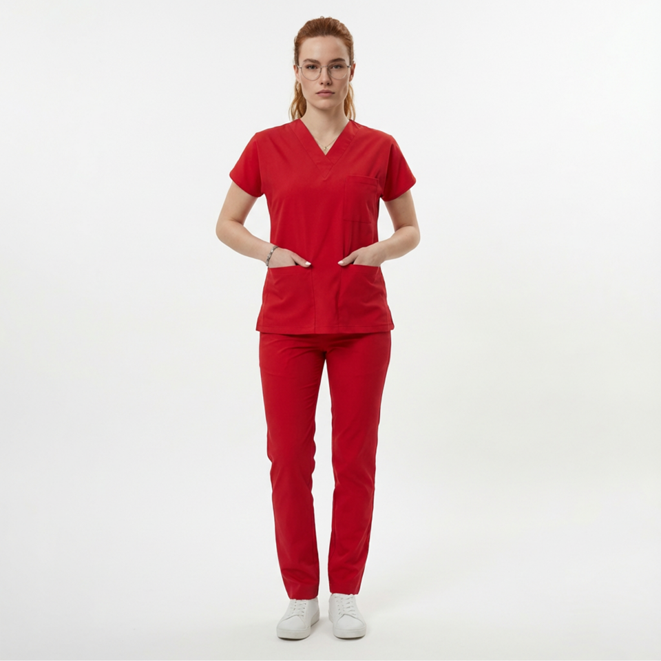 Likralı Klasik Seri Kadın Kırmızı Scrubs