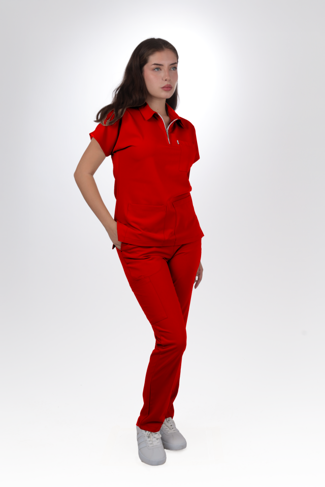 Likralı Zipper Seri Kadın Kırmızı Scrubs