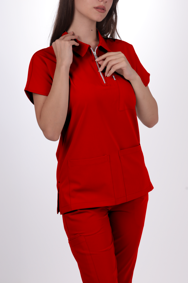 Likralı Zipper Seri Kadın Kırmızı Scrubs