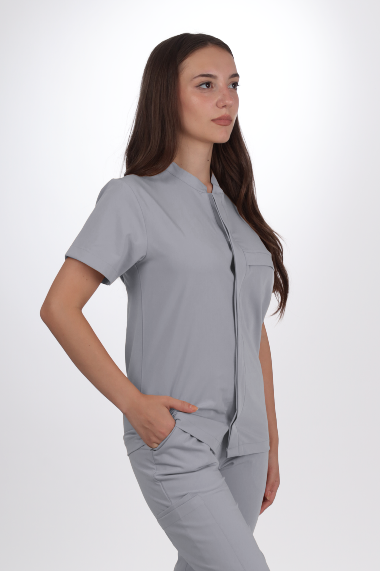 Premium Likralı SnapPrime Seri Kadın Açık Gri Scrubs