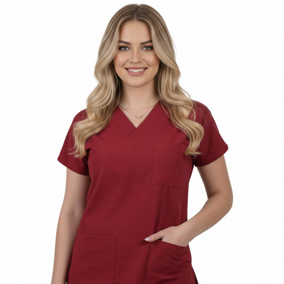 Terycoton Kumaş Klasik Seri Kadın Bordo Scrubs