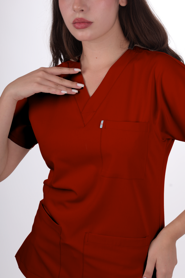 Terycoton Kumaş Klasik Seri Kadın Bordo Scrubs