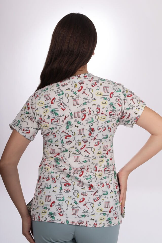 Desenli Seri Beyaz Steteskop Desen Kadın Tek Üst