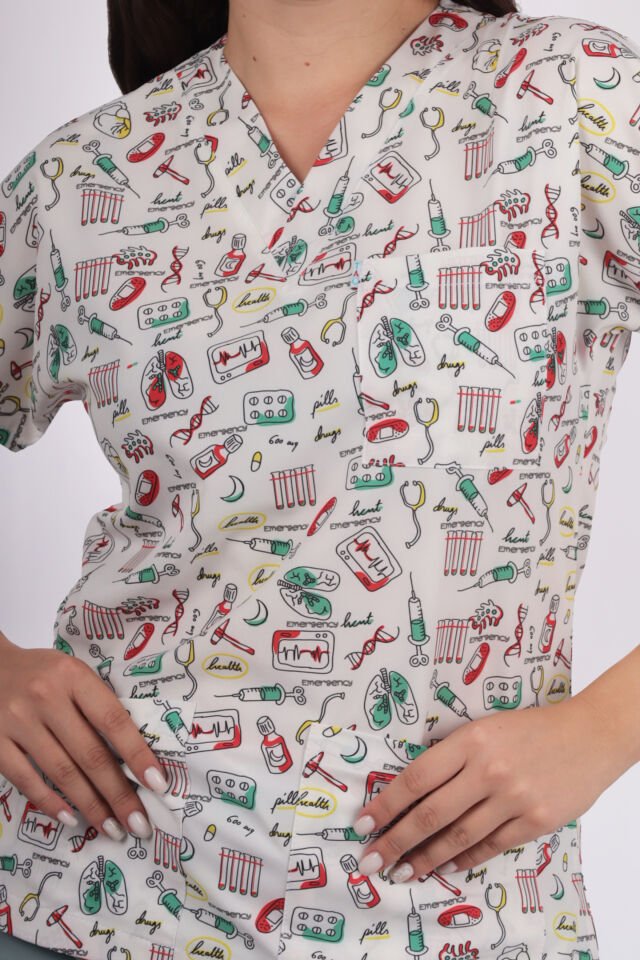 Desenli Seri Beyaz Steteskop Desen Kadın Tek Üst