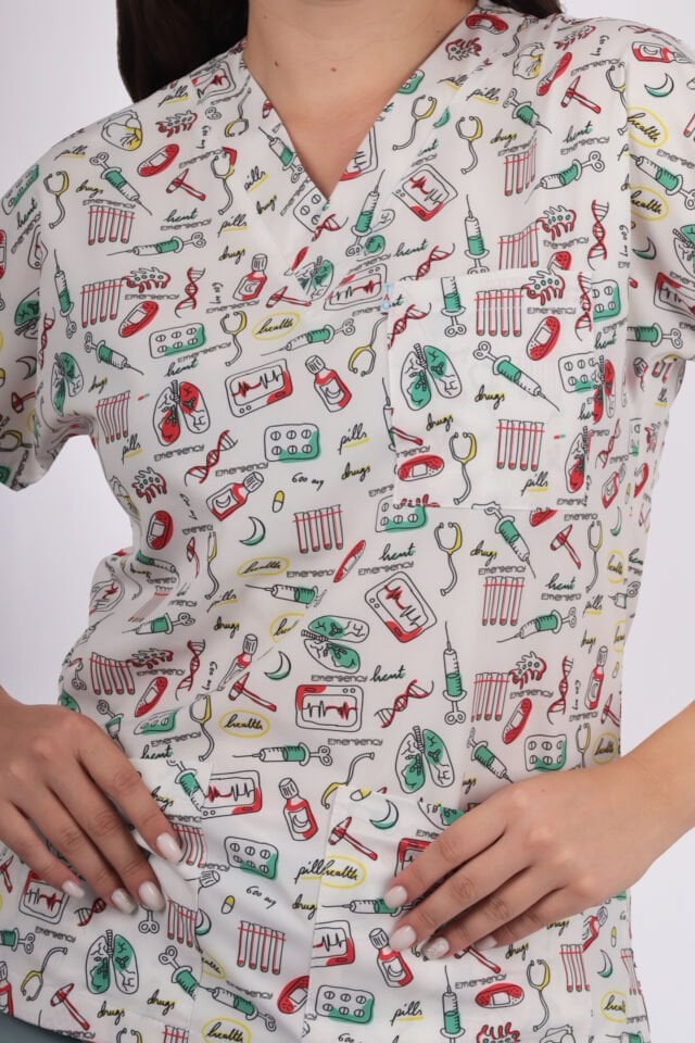 Desenli Seri Beyaz Steteskop Desen Kadın Tek Üst