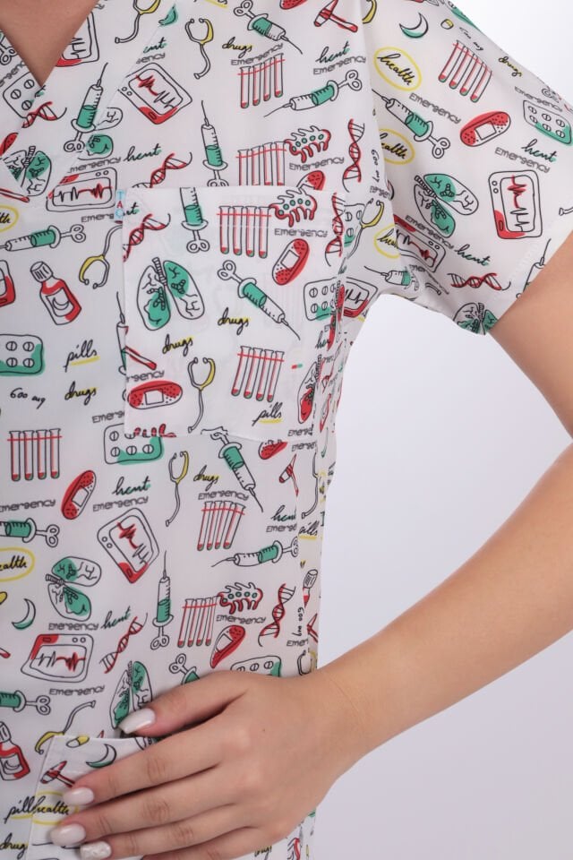 Desenli Seri Beyaz Steteskop Desen Kadın Tek Üst