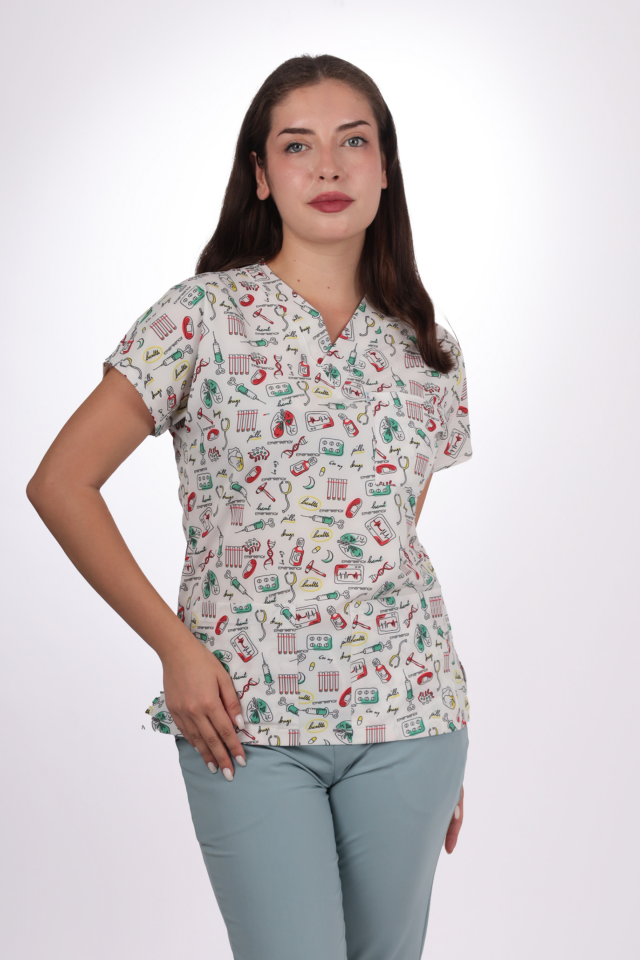 Desenli Seri Beyaz Steteskop Desen Kadın Tek Üst