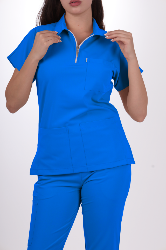 Premium Likralı Zipper Seri Kadın Gök Mavisi Scrubs