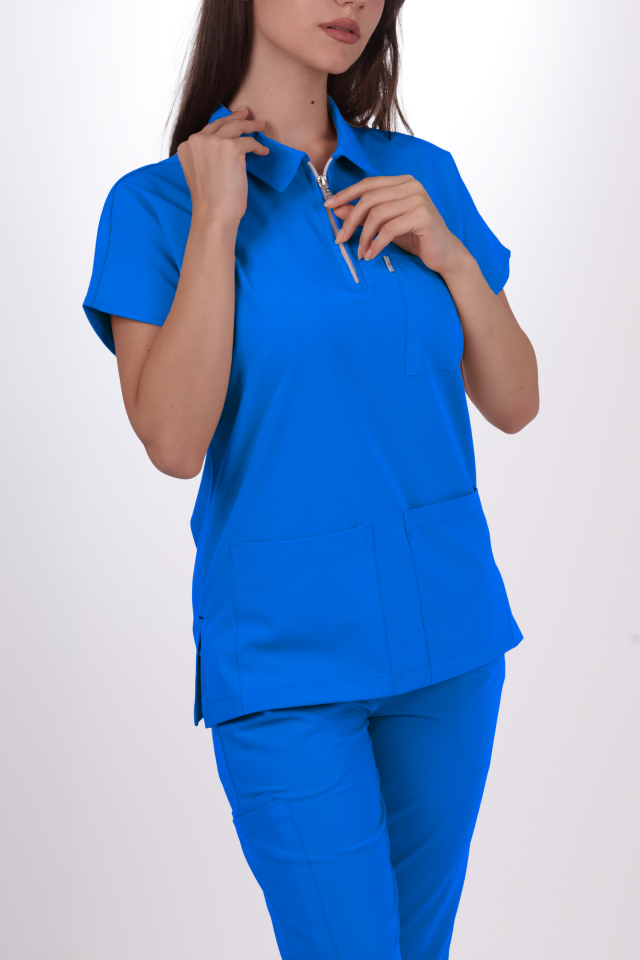 Premium Likralı Zipper Seri Kadın Gök Mavisi Scrubs