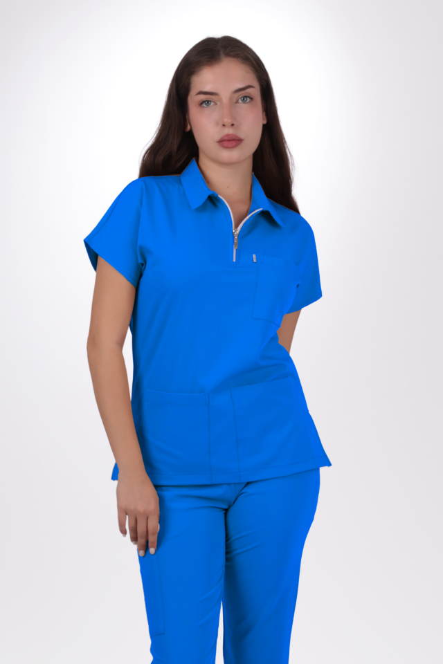 Premium Likralı Zipper Seri Kadın Gök Mavisi Scrubs