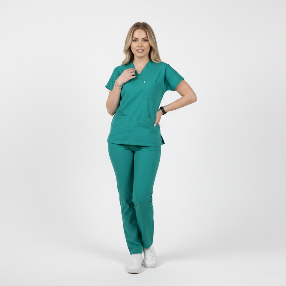 Terycoton Kumaş Klasik Seri Kadın Cerrahi Yeşil Scrubs