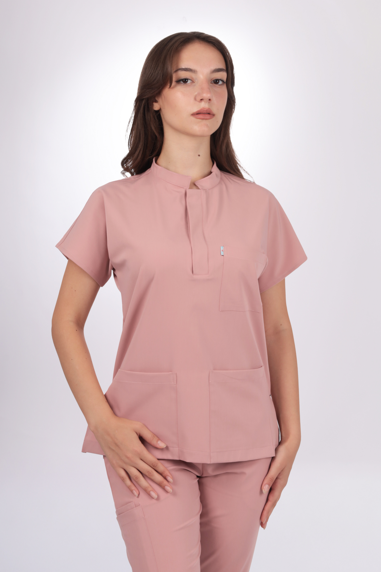 Premium Likralı Snap Seri Kadın Pudra Scrubs