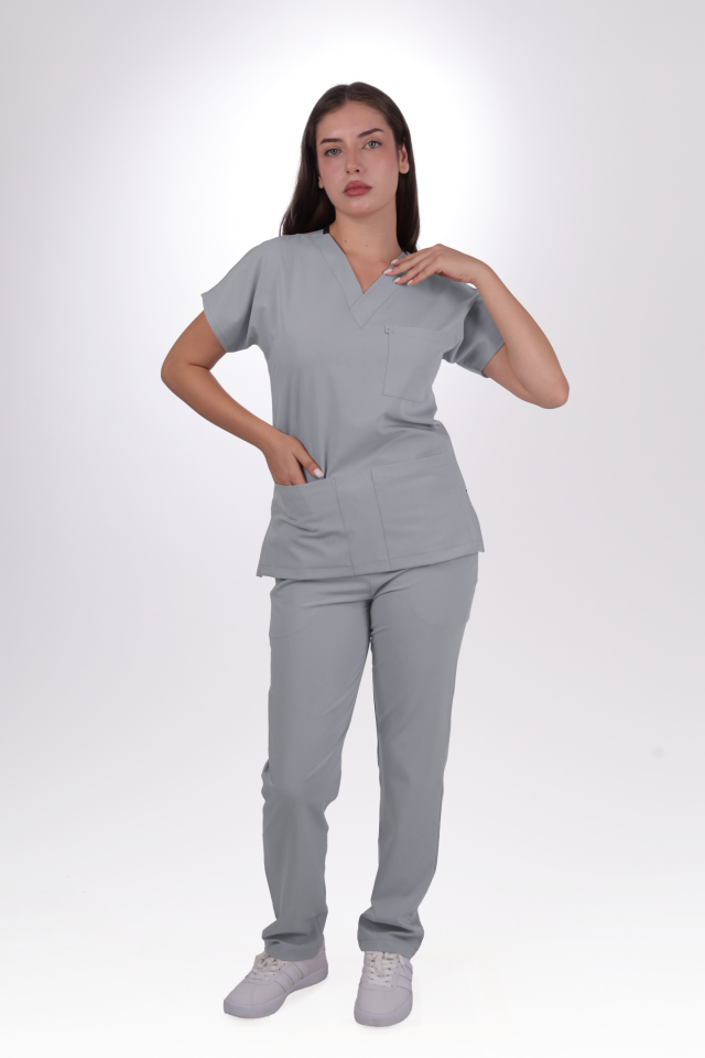 Premium Likralı Klasik Seri Kadın Açık Gri Scrubs